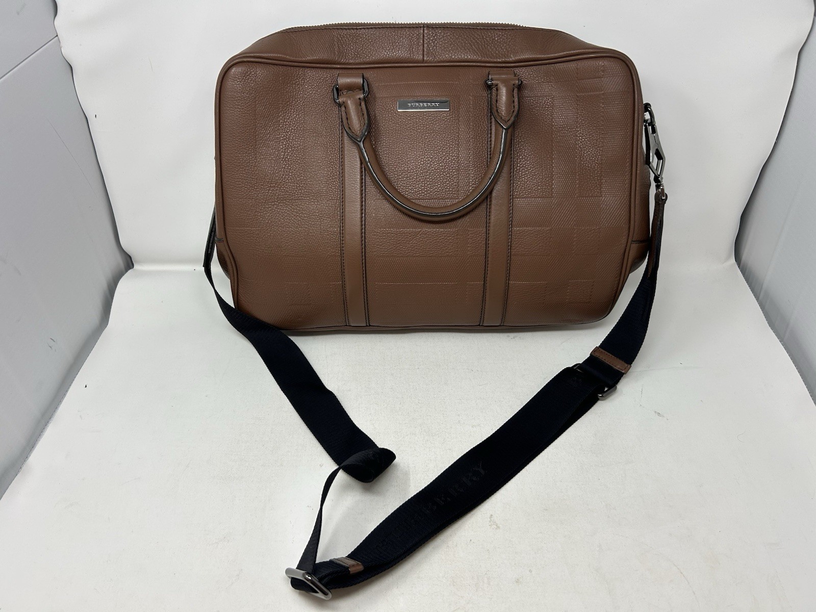 Burberry Authentic Maxwell Grain Check Briefacse Brown Leather Bag