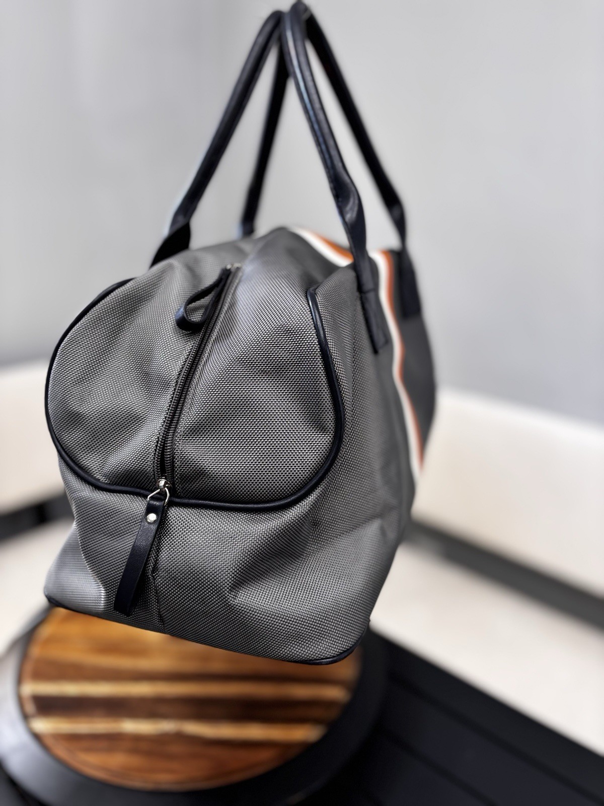 Grey Canvas Weekender Duffle Bag Retro Racing Stripe Travel Overnight Carry On