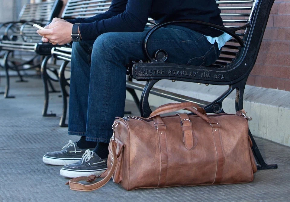 Genuine Goat Duffel Bag Handmade Weekend Travel Bag Large Aged Brown Leather