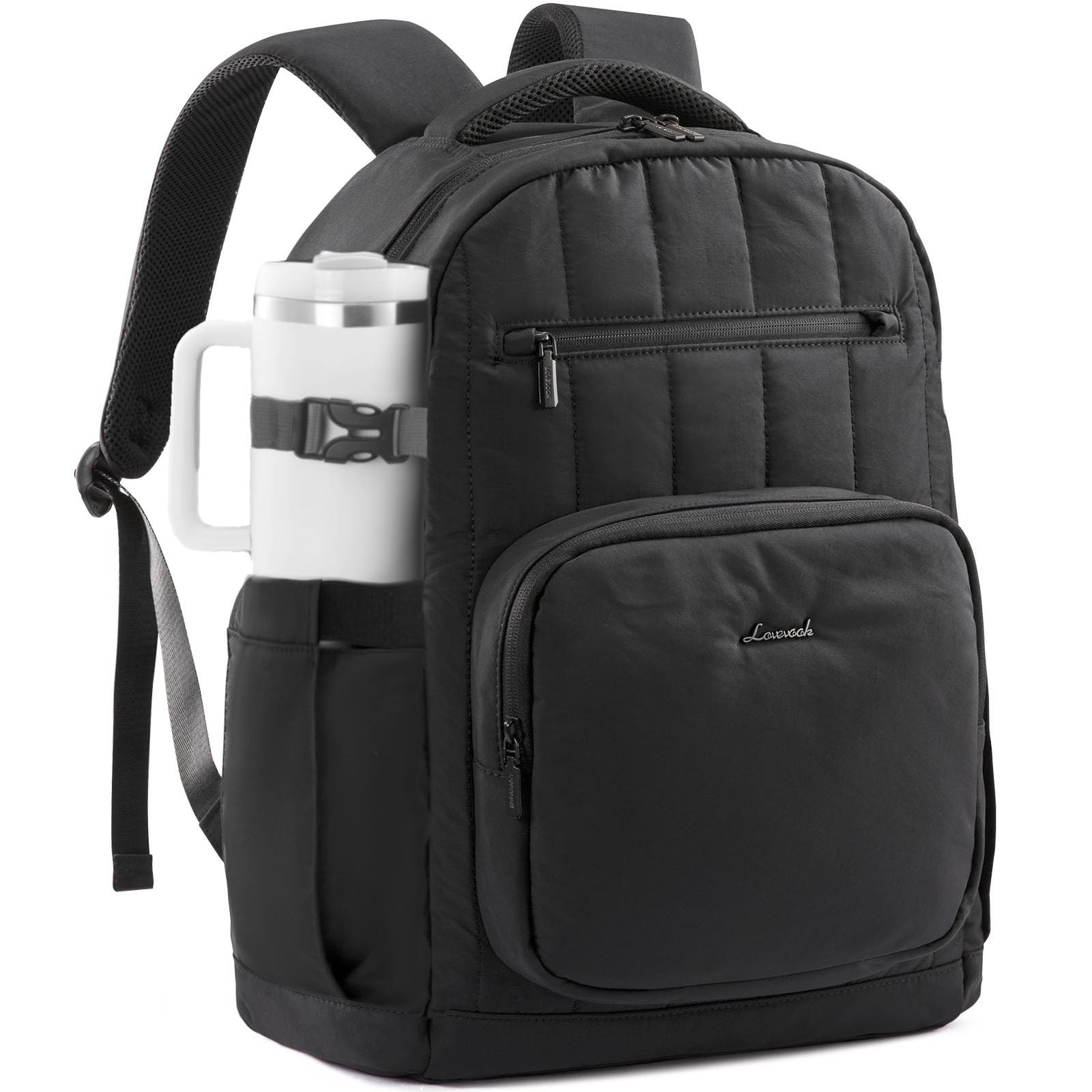 15.6 Inch Laptop Backpack for Women with Tumbler Holder, Black