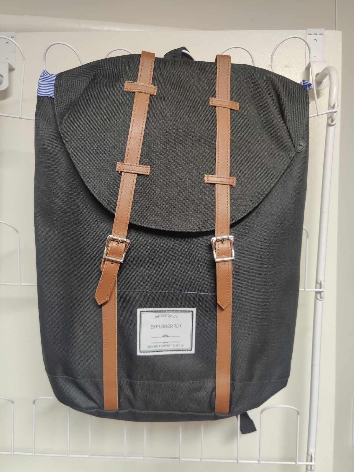 Explorer 707 Black Backpack Brown Straps Buckle Drawstring Adjustable Strap