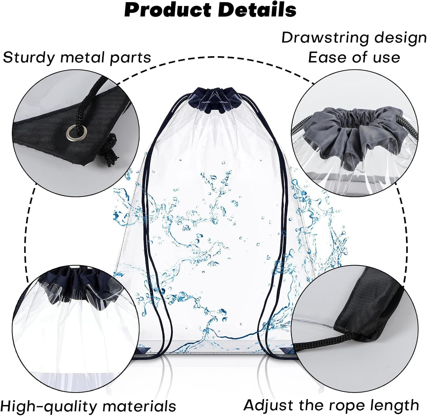 3 Pack Clear Drawstring Bags – Waterproof PVC See-Through Backpack Bags for Men