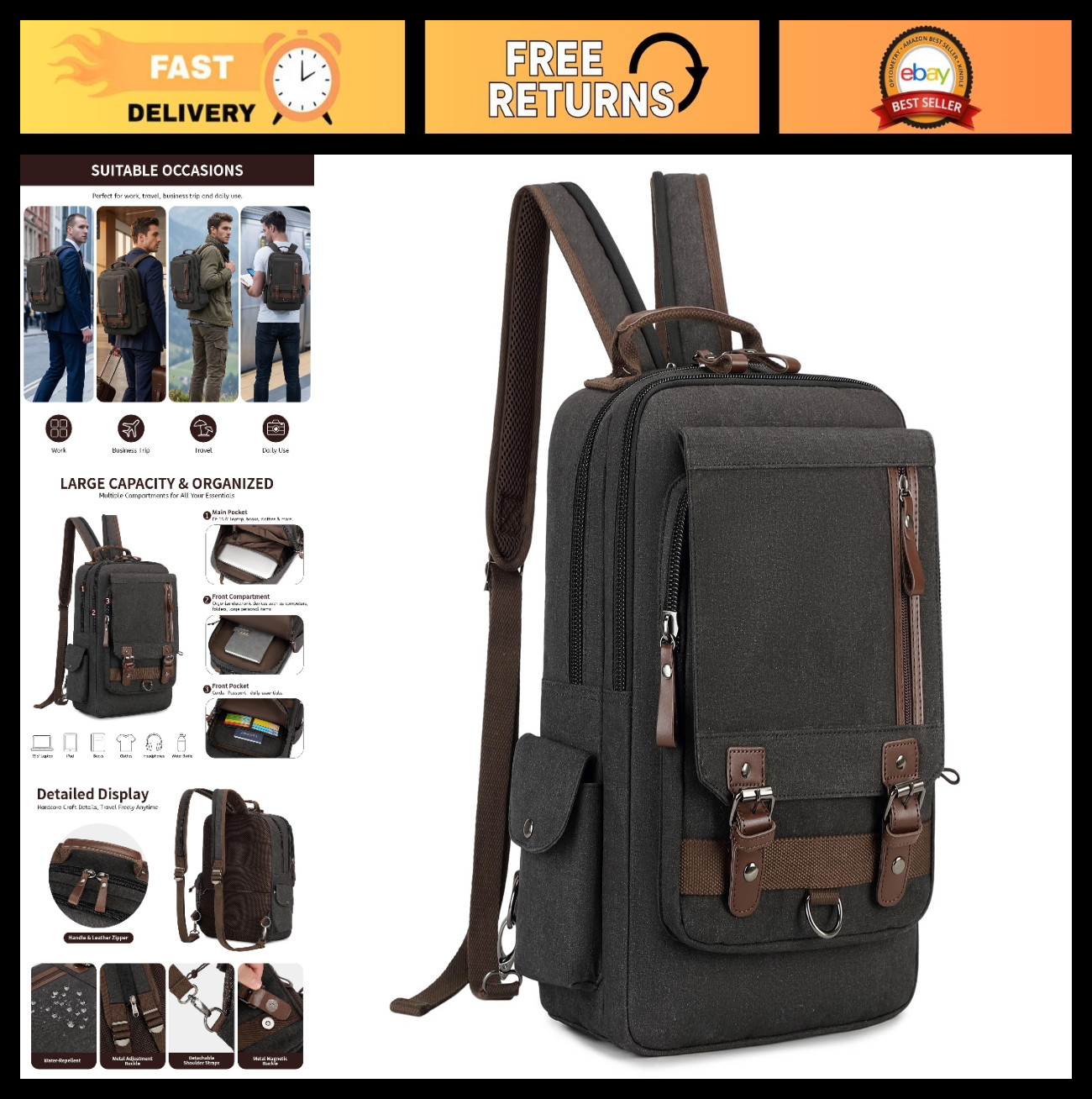 Canvas Crossbody Messenger Bag, Shoulder Sling Backpack, Travel Rucksack, Durabl