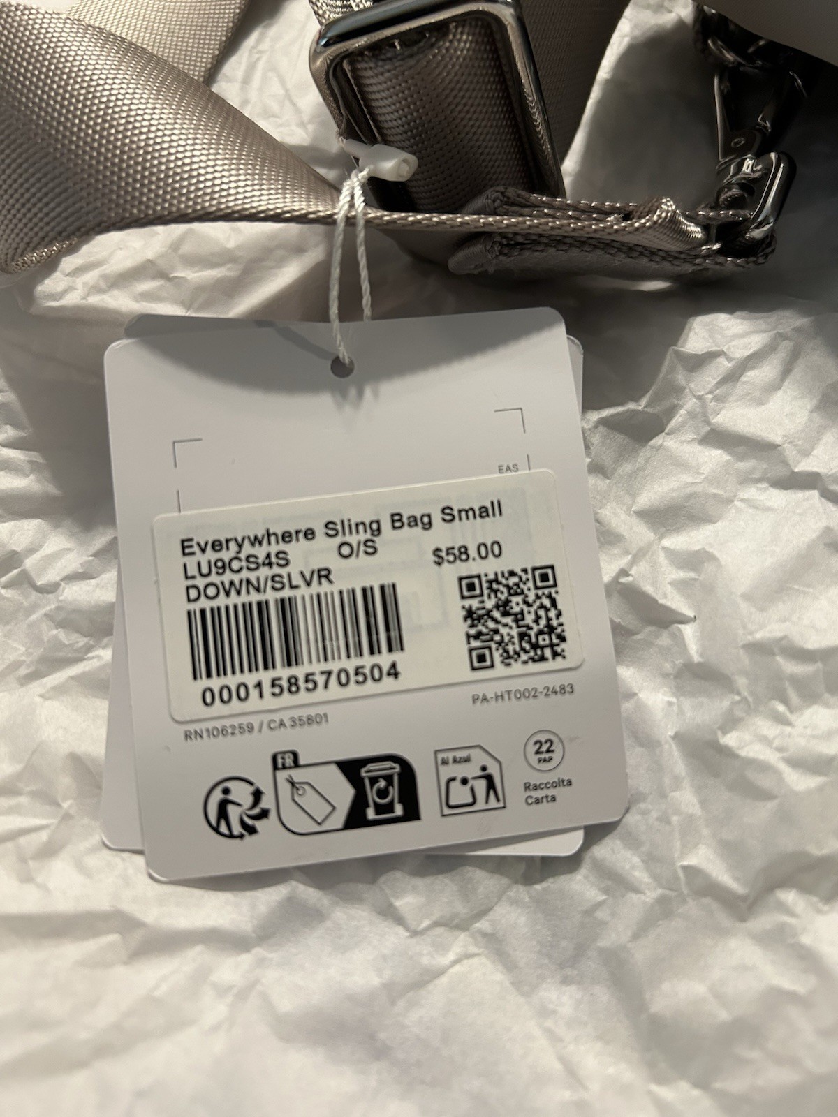 lululemon Everywhere Sling Bag Small Down/Silver Crossbody Zip Adjustable Strap