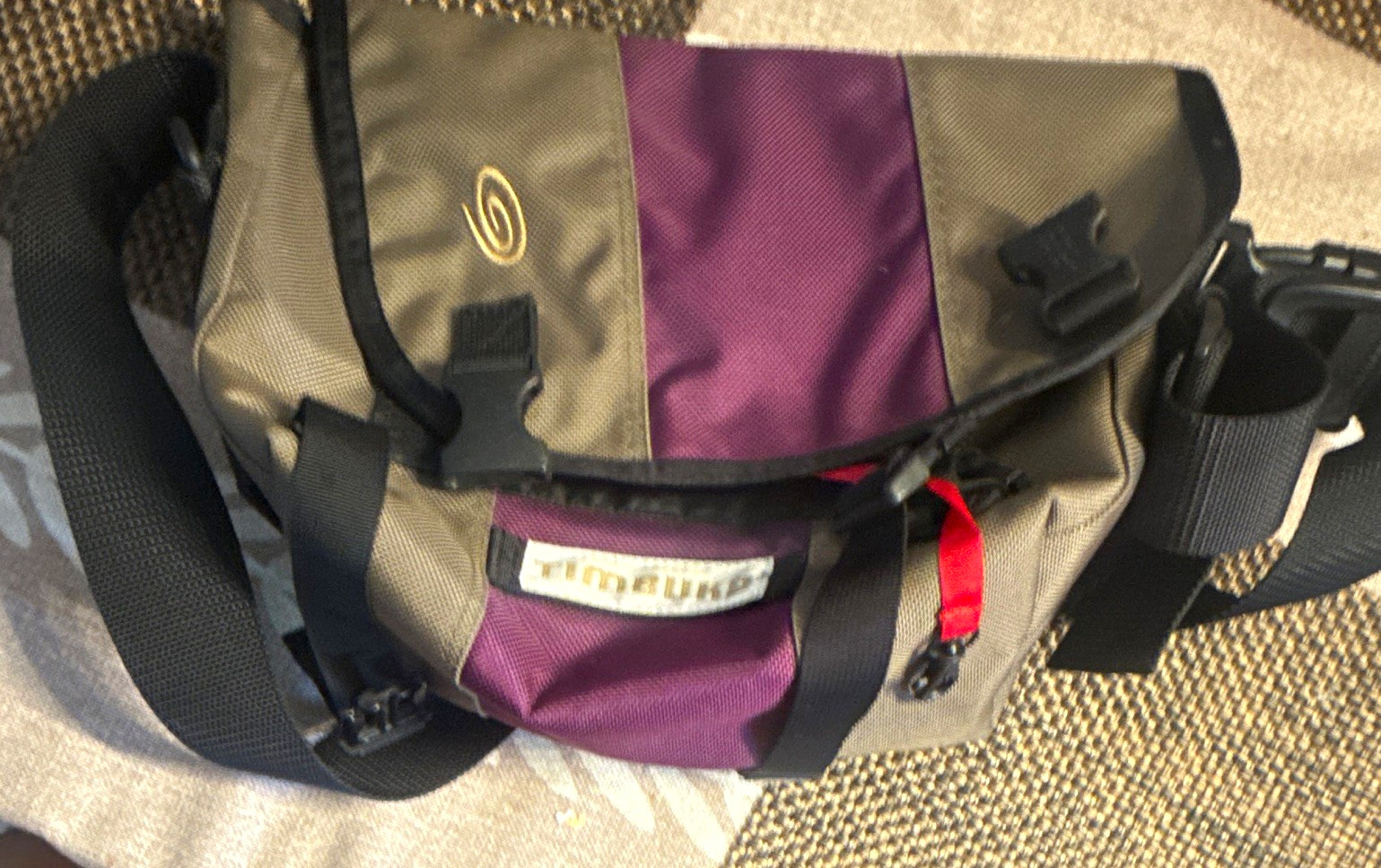 Timbuk2 Colorblock Messenger Bag Gray Purple Black Red Adjustable Strap Buckle