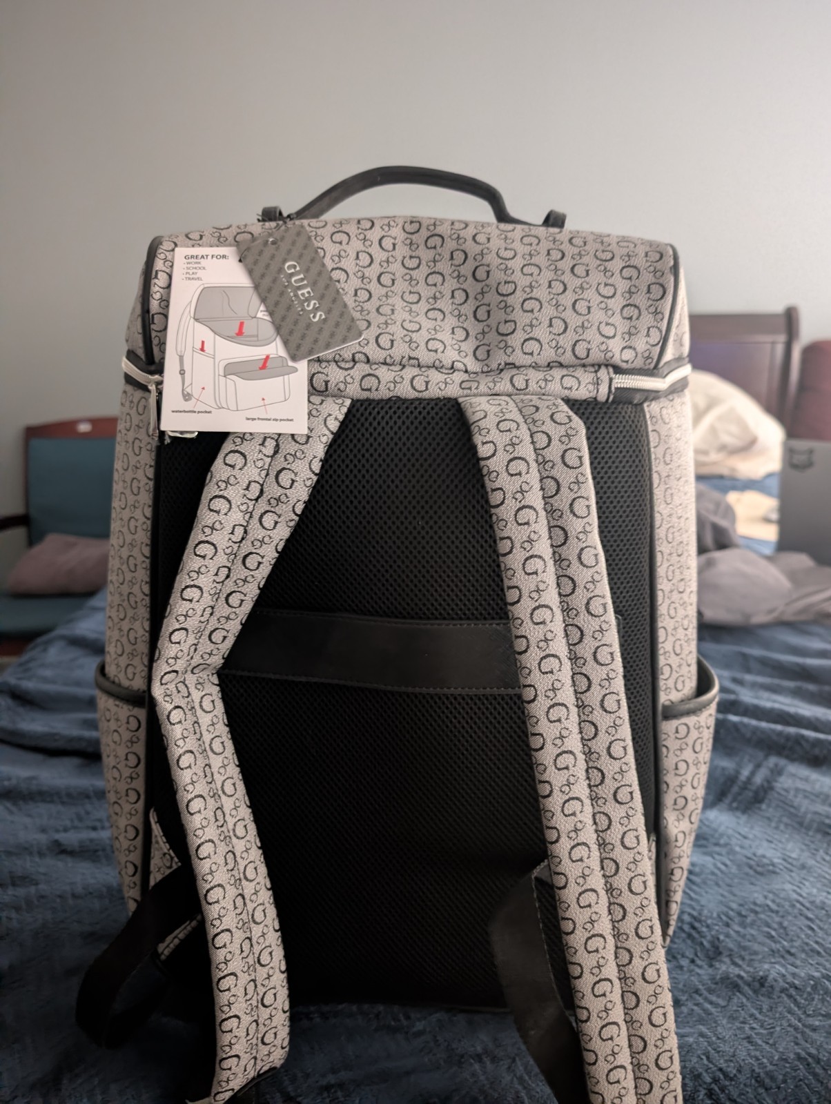 Guess Los Angeles Monogram Backpack Travel Work School Bag Gray Black NEW W/Tags