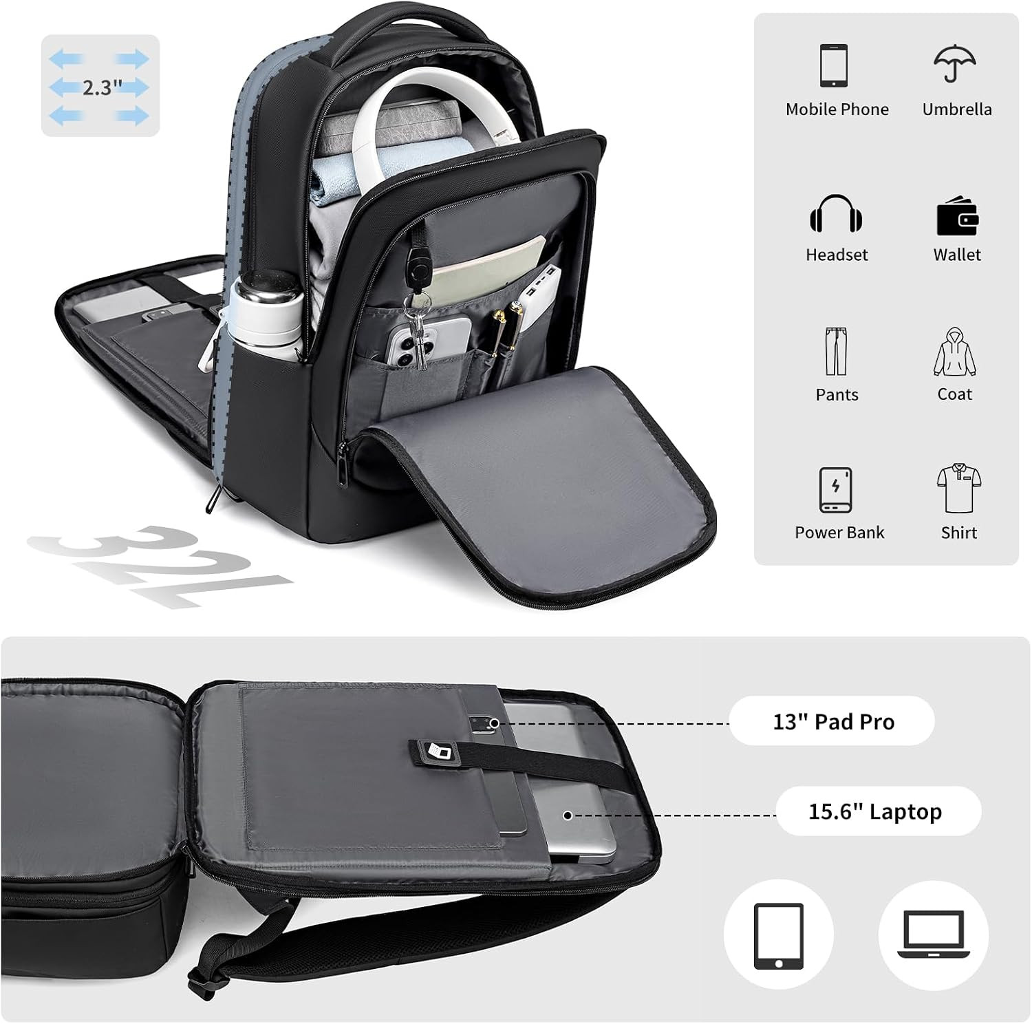 Versatile Expandable Laptop Backpack with USB for Work, Travel & Commute