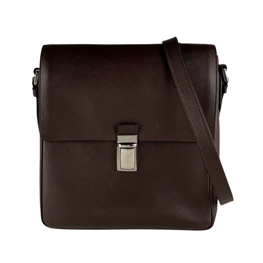 Auth PRADA Shoulder Bag Brown Leather/Silvertone – z10539