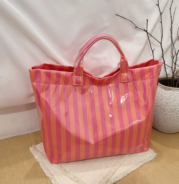 Womens Striped PVC Tote Bag Large Capacity Glossy Shopper Handbag Commuter
