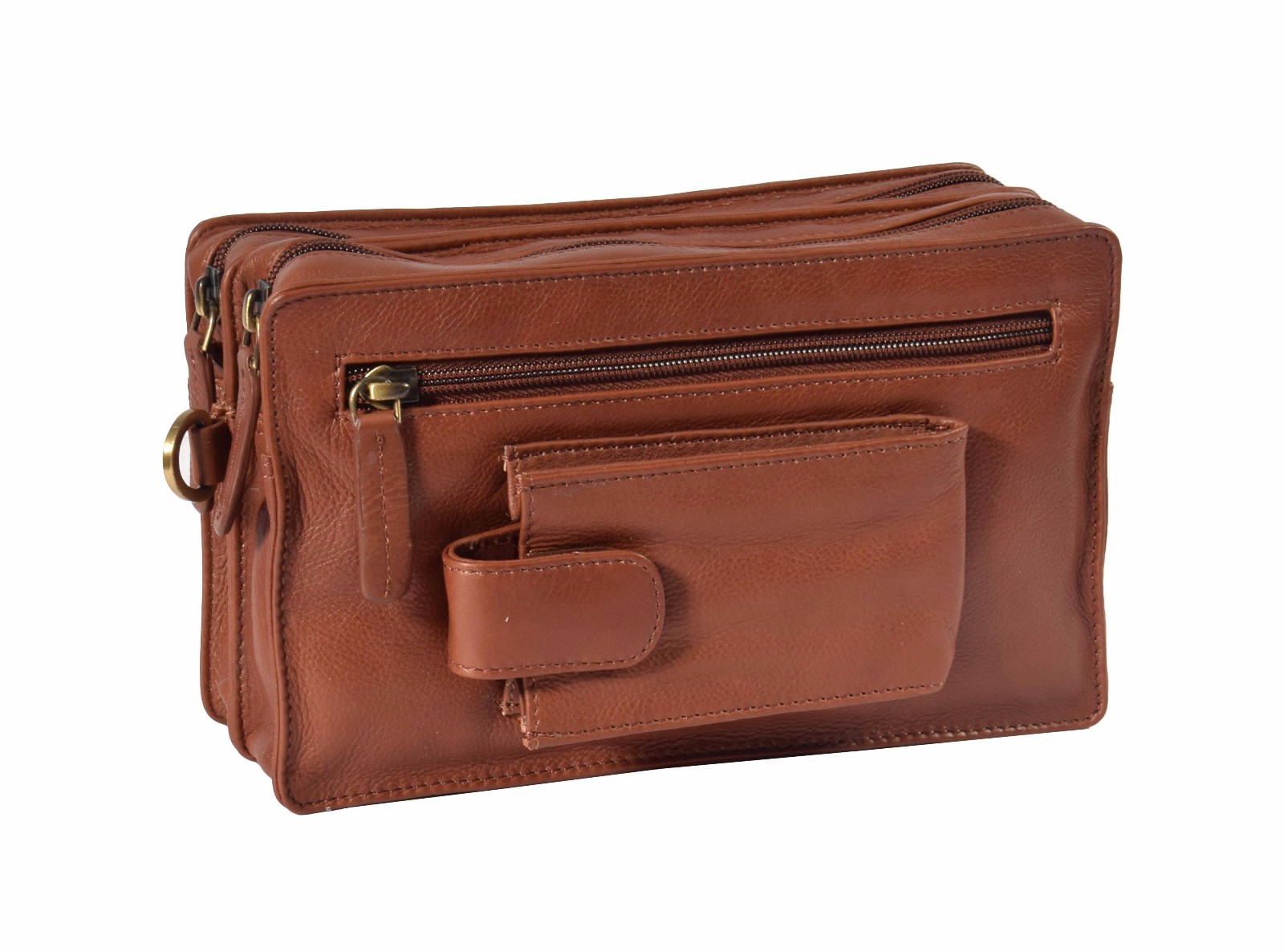 Mens Wrist Leather Bag Multi Zip Clutch Grab Mobile Money Travel Purse Brown