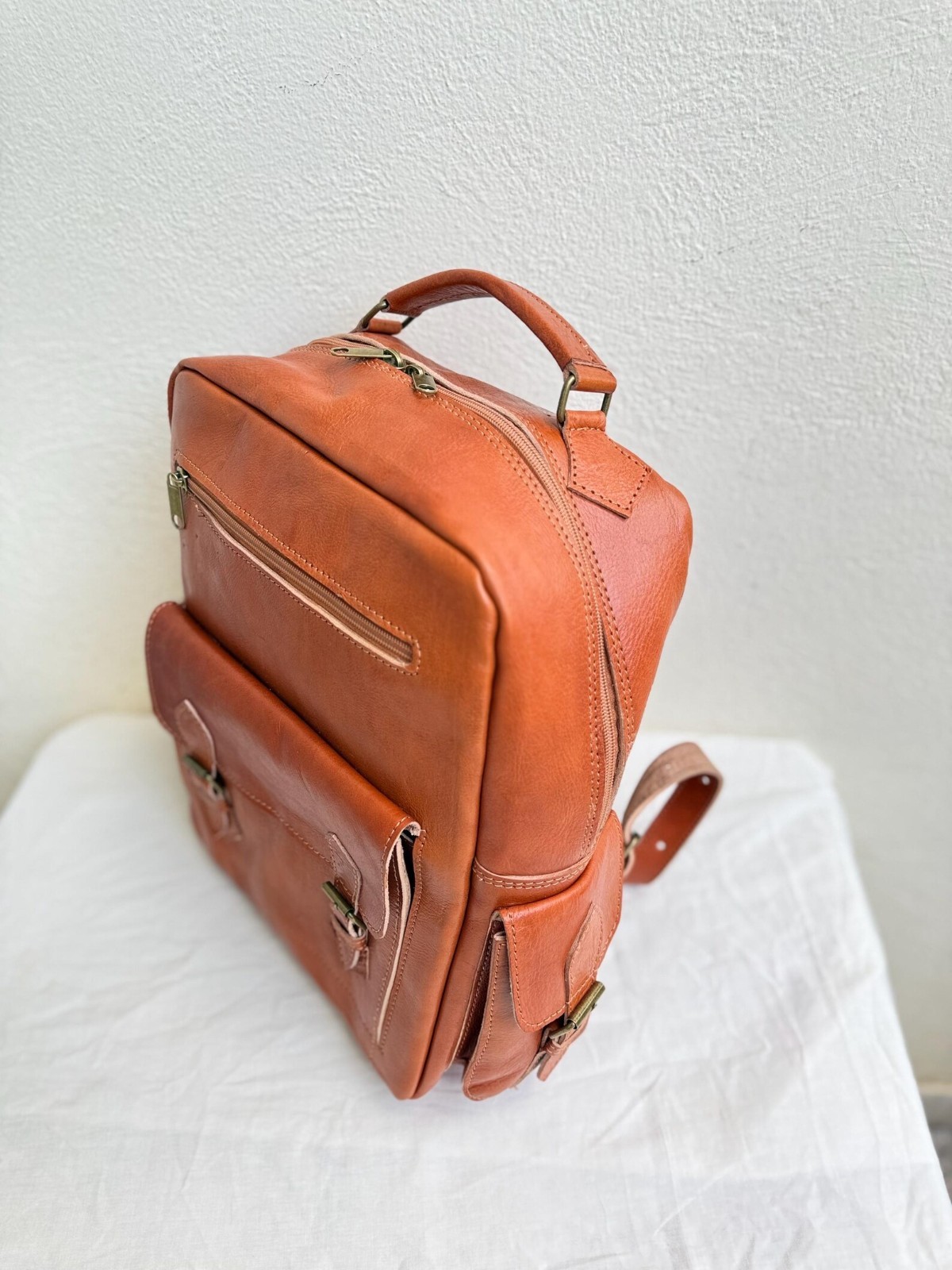 Handcrafted Genuine Leather Backpack – Cognac Color | 45 × 33 cm | Handmade
