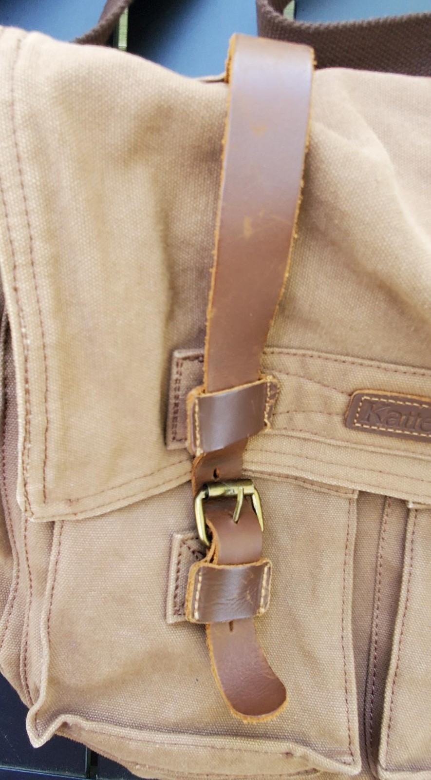 Kattee Brown Canvas & Leather Messenger Shoulder Bag With Adjustable Strap