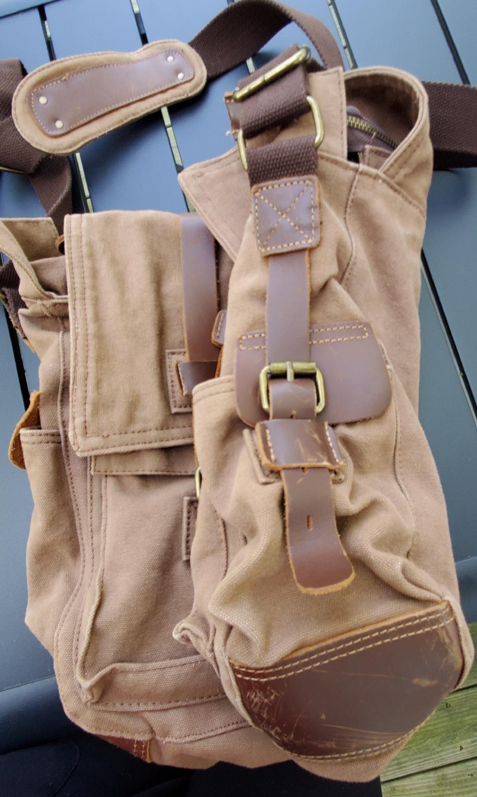 Kattee Brown Canvas & Leather Messenger Shoulder Bag With Adjustable Strap