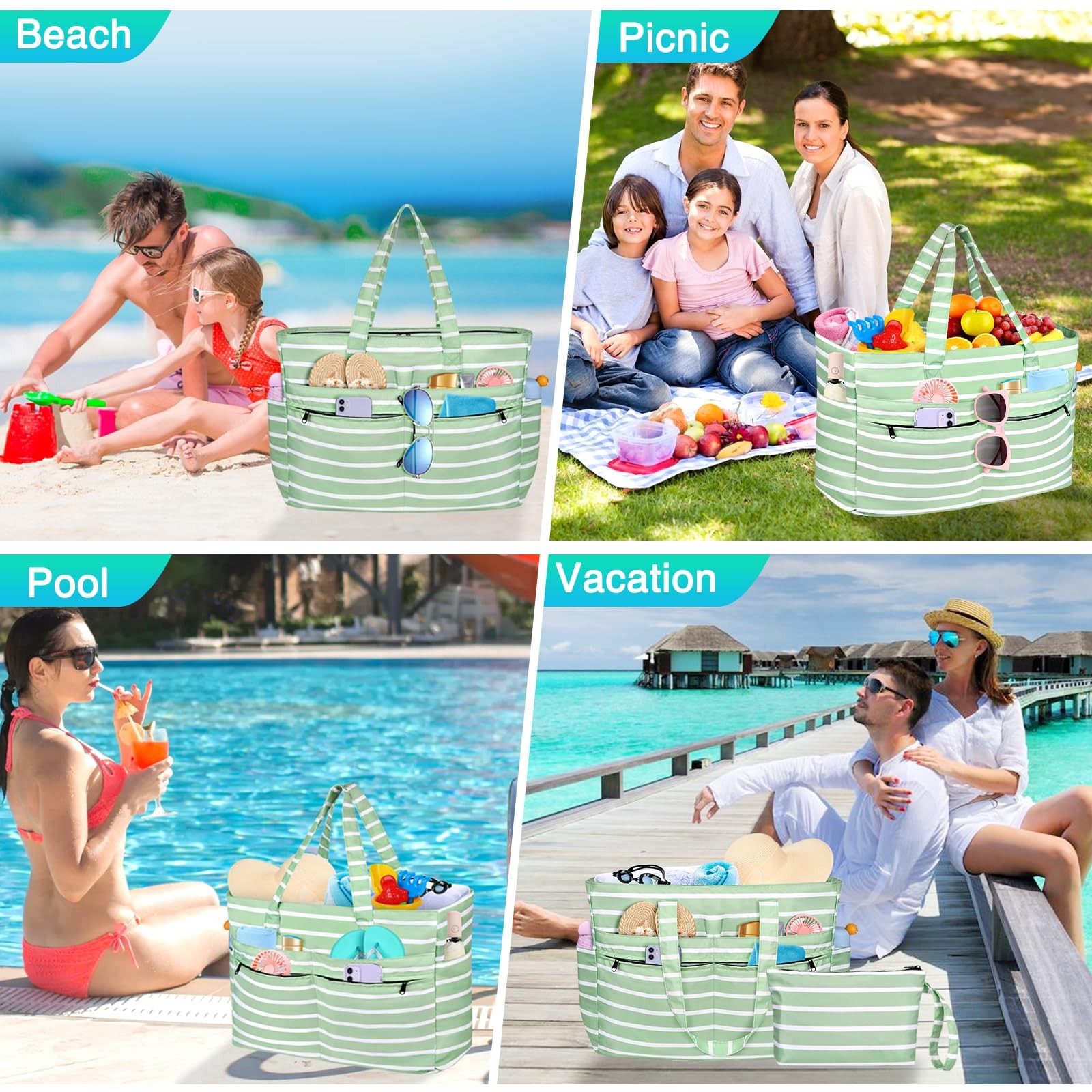 HUANLANG Extra Large Beach Bag Waterproof One Size, Light Green and White